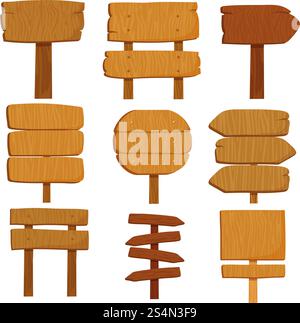 Cartoon wood boards signs and brown wooden banners. Timber plate plank ...