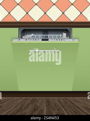 Open dishwasher machine icon. Realistic illustration of open dishwasher machine vector icon for web design isolated on white background. Open dishwasher machine icon, realistic style Stock Vector