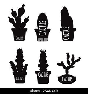 Black cactus silhouettes of set isolated on white background. Vector illustration. Black cactus silhouettes isolated on white background Stock Vector