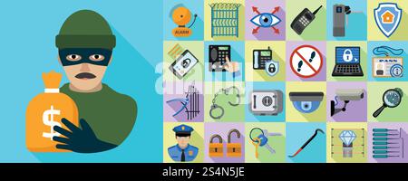 Burglar icons set. Flat set of burglar vector icons for web design. Burglar icons set, flat style Stock Vector