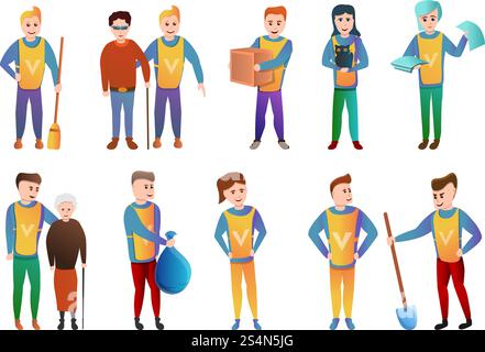 Volunteering icons set. Cartoon set of volunteering vector icons for web design. Volunteering icons set, cartoon style Stock Vector