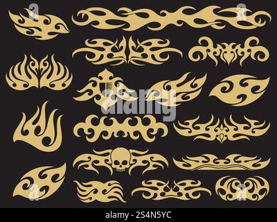Golden vehicle motorcycle flames set design on black background. Vector pattern fire design, speed racing auto decoration illustration. Golden vehicle motorcycle flames set design on black background Stock Vector