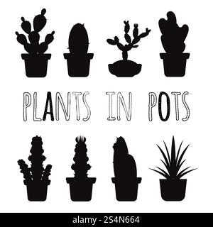 Vector home plants cactus in pots black silhouettes of set illustration. Vector home plants in pots black silhouettes set Stock Vector