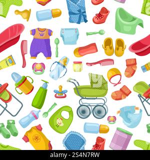 Vector seamless pattern with different elements for newborns. Milk bottle and accessories for baby illustration. Vector seamless pattern with different elements for newborns Stock Vector