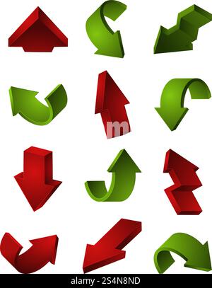 3D arrows set isolate on white. Arrow pointer cursor curving and turning, vector illustration. 3D arrows set isolate on white Stock Vector