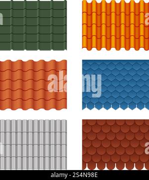 Vector seamless pattern set of roof tiles. Pictures isolate on white. Tile roof material, roofing waterproof structure collection illustration. Vector seamless pattern set of roof tiles. Pictures isolate on white Stock Vector