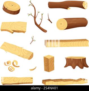 Planks from trees and different wood elements for production industry. Wooden plank material, log and trunk illustration. Planks from trees and different wood elements for production industry Stock Vector