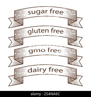 Hand drawn grunge banners - gluten free, sugar free, dairy free, gmo free banners design. Vintage ribbon, vector illustration. Hand drawn grunge banners - gluten free, sugar free, dairy free, gmo free banners design Stock Vector