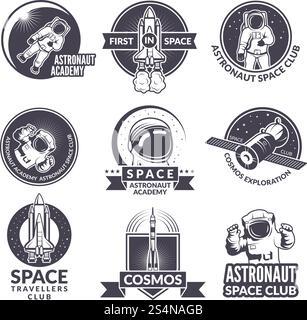 Emblems, labels or logos of space theme with illustrations of space and astronauts. Rocket and astronaut travel logo vector. Emblems, labels or logos of space theme with illustrations of space and astronauts Stock Vector