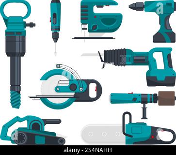 Construction electro tools for repair. Vector pictures in flat style. Screwdriver and equipment drill and power saw electric illustration. Construction electro tools for repair. Vector pictures in flat style Stock Vector