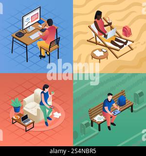Distant work banner set. Isometric set of distant work vector banner for web design. Distant work banner set, isometric style Stock Vector