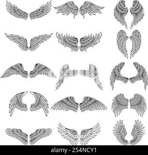 Tattoo design pictures of different stylized wings. Vector illustrations for logos design. Set of wing angel or bird design tattoo. Tattoo design pictures of different stylized wings. Vector illustrations for logos design Stock Vector