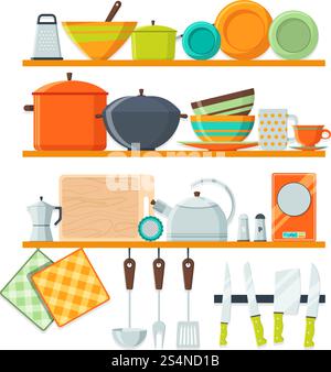 Kitchen tools and restaurant equipment on shelves. Kitchen shelf with kitchenware and utensil, vector illustration. Kitchen tools and restaurant equipment on shelves Stock Vector