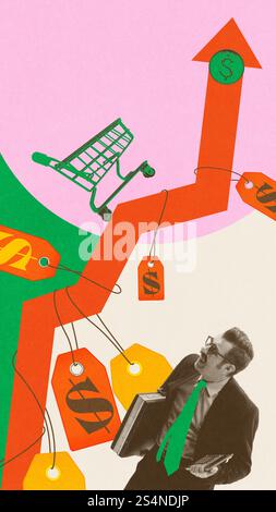 Businessman under rising price tags and shopping cart, depicting inflation and increasing consumer prices. Conceptual creative design. Stock Photo