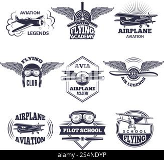 Labels at aircrafts theme. Vector monochrome illustrations of airplanes. Airplane and aircraft emblem vintage. Labels at aircrafts theme. Vector monochrome illustrations of airplanes Stock Vector