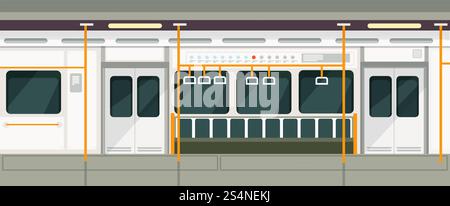 Empty subway train inside view. Metro carriage vector interior. Transport train subway interior empty illustration. Empty subway train inside view. Metro carriage vector interior Stock Vector