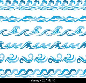 Horizontal seamless patterns with stylized blue waves. Blue horizontal water ocean and sea wave illustration. Horizontal seamless patterns with stylized blue waves Stock Vector