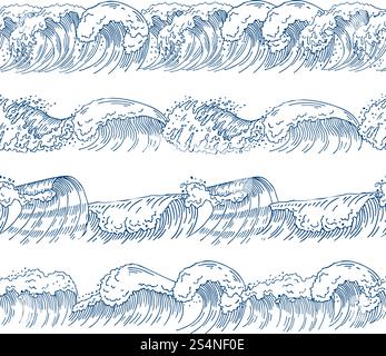 Horizontal seamless patterns with different ocean waves. Hand drawn pictures set. Ocean and sea wave pattern, vector illustration. Horizontal seamless patterns with different ocean waves. Hand drawn pictures set Stock Vector