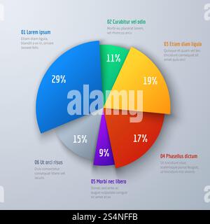 Business 3d pie info chart for presentation and office work. Infographic vector element. Info and infographic data in round colored diagram illustration. Business 3d pie info chart for presentation and office work. Infographic vector element Stock Vector