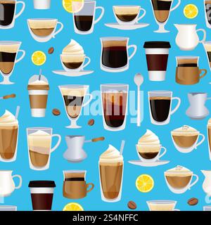 Vector cups filled with coffee or different drink pattern or background illustration. Vector cups filled with coffee pattern or background Stock Vector