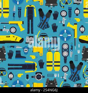 Vector underwater diving equipment pattern or background in flat style illustration. Vector underwater diving equipment pattern or background Stock Vector