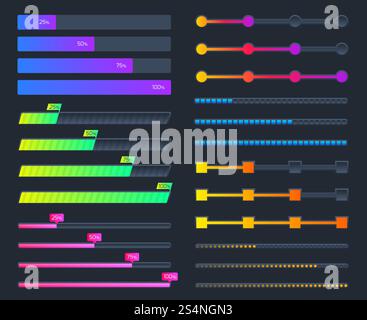 Downloading in progress hud interface elements. Futuristic progress loading bars vector set isolated. Interface download bar, load and downloading process illustration. Downloading in progress hud interface elements. Futuristic progress loading bars vector set isolated Stock Vector