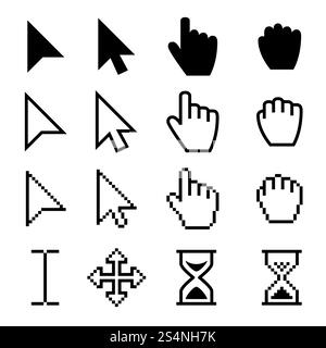 Arrow web cursors, digital hand pointers vector black pictograms. Arrow cursor pixel digital, web pointing and hourglass illustration. Arrow web cursors, digital hand pointers vector black pictograms Stock Vector