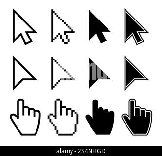 Clicking mouse cursors, computer finger pointers vector set. Mouse pointer finger, cursor arrow hand illustration. Clicking mouse cursors, computer finger pointers vector set Stock Vector