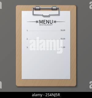 Classic restaurant menu on paper sheet in clipboard. Vector template. Illustration of menu food cafe, brochure paper with price. Classic restaurant menu on paper sheet in clipboard. Vector template Stock Vector