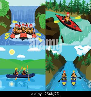 Rafting banner set. Flat illustration of rafting vector banner set for web design. Rafting banner set, flat style Stock Vector