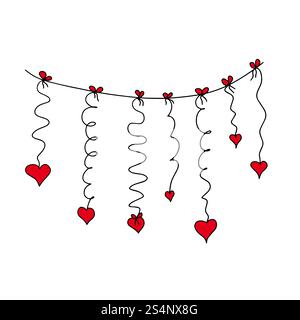Tangled scribbled hearts hanging on a string, hand drawn with thin line, divider shape. Isolated on white background. Vector illustration Stock Vector