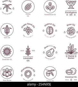 Healthy organic flower cosmetics oil linear vector labels and logos. Linear badge oil coconut and avocado, lavender and sandalwood illustration. Healthy organic flower cosmetics oil linear vector labels and logos Stock Vector