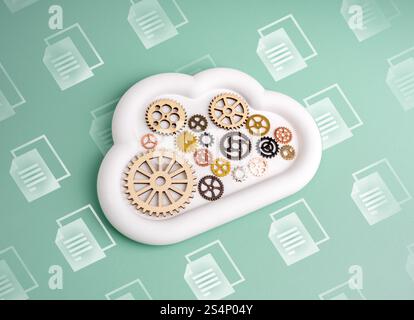 AI cloud computing infrastructure technology management, data system storage service workflow insight concept. Many cogwheels and gears in white cloud Stock Photo