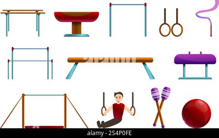 Gymnastics equipment icons set. Cartoon set of gymnastics equipment vector icons for web design. Gymnastics equipment icons set, cartoon style Stock Vector