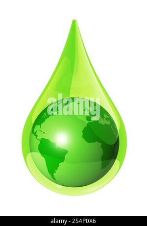 world globe map in a water drop isolated on white. 3D ecology symbol. earth water drop Stock Photo