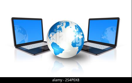 two 3D laptop computers around a world globe isolated on white. two Laptop computers around a world globe Stock Photo