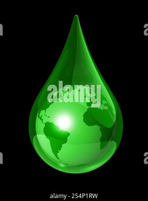 green world globe map in a water drop. 3D ecology symbol. earth water drop Stock Photo