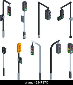Traffic lights icons set. Isometric set of traffic lights vector icons for web design isolated on white background. Traffic lights icons set, isometric style Stock Vector