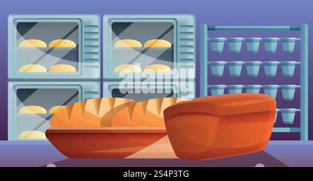 Bread from bakery factory concept banner. Cartoon illustration of bread from bakery factory vector concept banner for web design. Bread from bakery factory concept banner, cartoon style Stock Vector