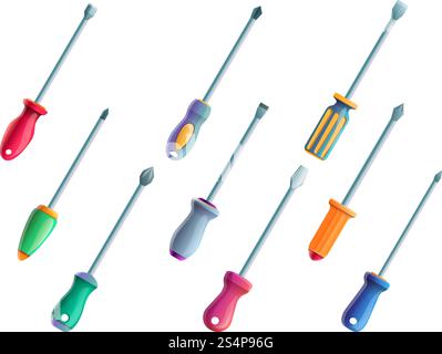 Screwdriver icons set. Cartoon set of screwdriver vector icons for web design. Screwdriver icons set, cartoon style Stock Vector