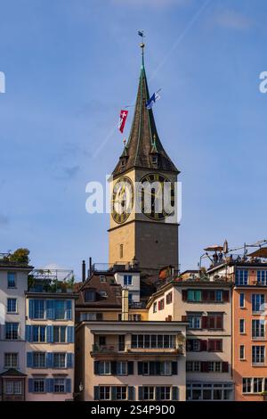 St. Peter's Church clock tower in Old Town of Zurich city in Switzerland. Stock Photo