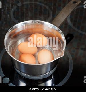 hen eggs are cooked in metal pot on electric stove in kitchen Stock Photo