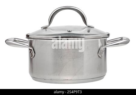 small stainless steel saucepan covered by glass lid isolated on white background Stock Photo