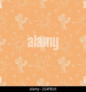 Chalk hand drawn cactus and sun seamless pattern. Vector illustration. Chalk hand drawn cactus and sun seamless pattern Stock Vector