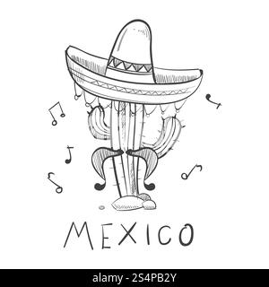 Mexico sketch cactus in sombrero - hand drawn mexican symbols print. Vector illustration. Mexico sketch cactus in sombrero - hand drawn mexican Stock Vector