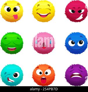 Funny furry faces of monsters. Puffy balls of different colors. Hair fur ball face, creative fluffy monster sphere, vector illustration. Funny furry faces of monsters. Puffy balls of different colors Stock Vector