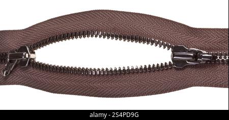 two sliders on metallic brown zip fastener close up isolated on white background Stock Photo