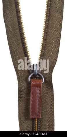 green and brown zip fastener close up isolated on white background Stock Photo