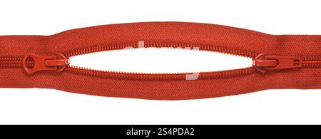 two sliders on red closed-ended zip fastener close up isolated on white background Stock Photo