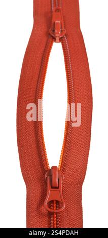 two sliders on red plastic zip fastener close up isolated on white background Stock Photo